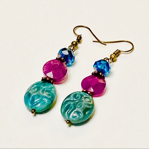 Azure Crystal Purple Lepidolite Stone & Teal Green Czech Glass Relief Earrings - Picture 2 of 7